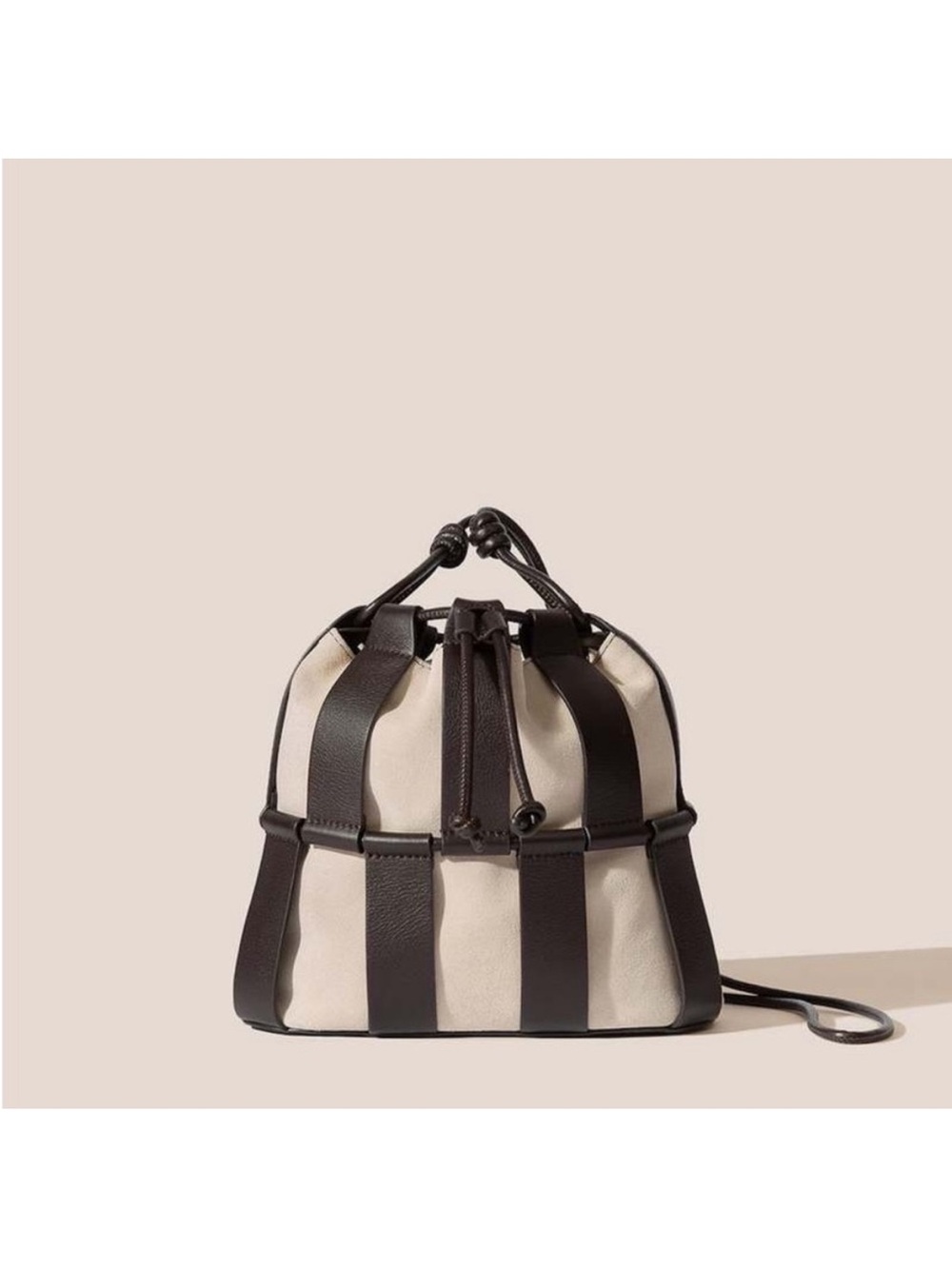 Canvas and Leather Drawstring Crossbody Bag in Cream and Dark Brown - Picture 2 of 7